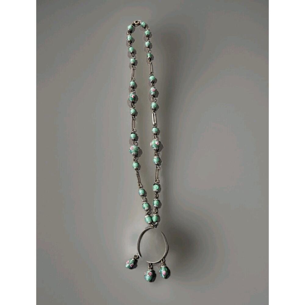 Vintage Art Deco Czech Glass Green Rose Beads Silvertone Necklace 10"